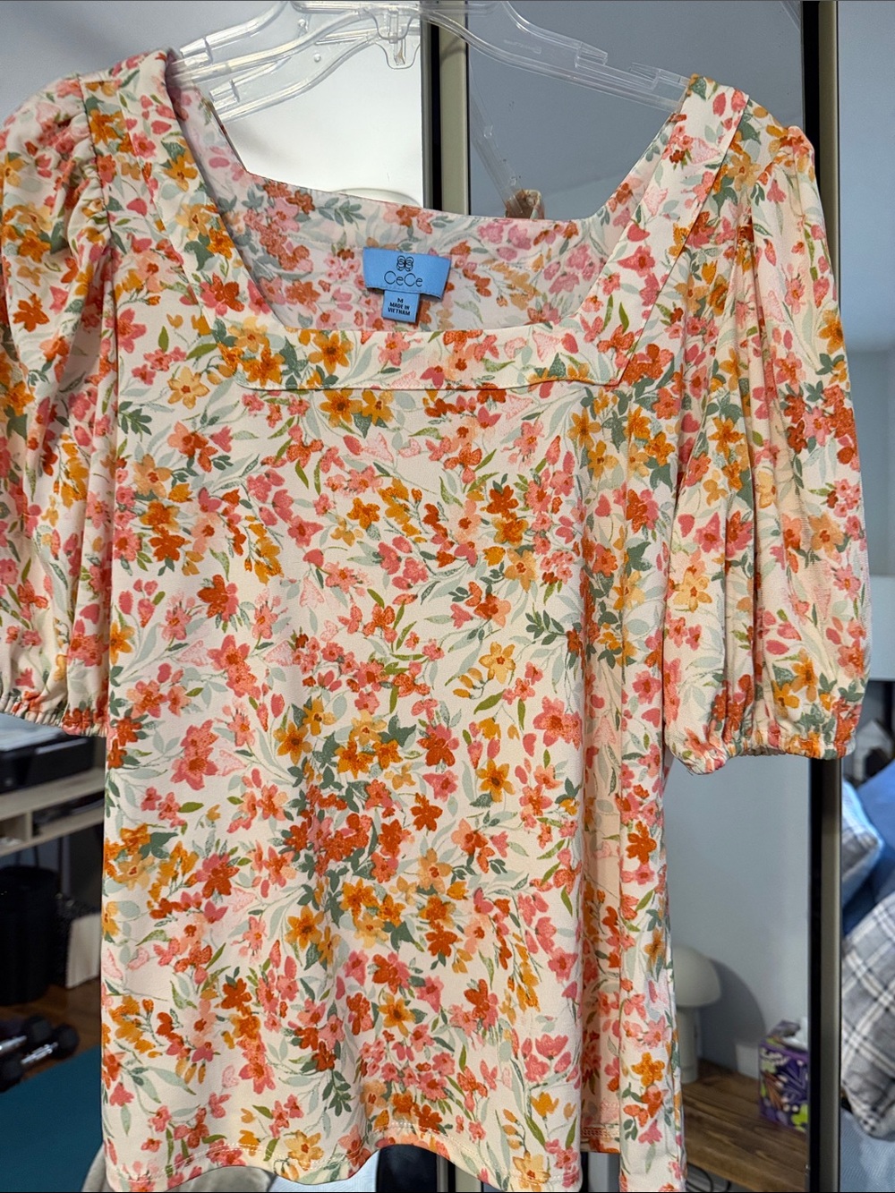 CeCe Cream Floral Puff-Sleeve Square Neck Blouse